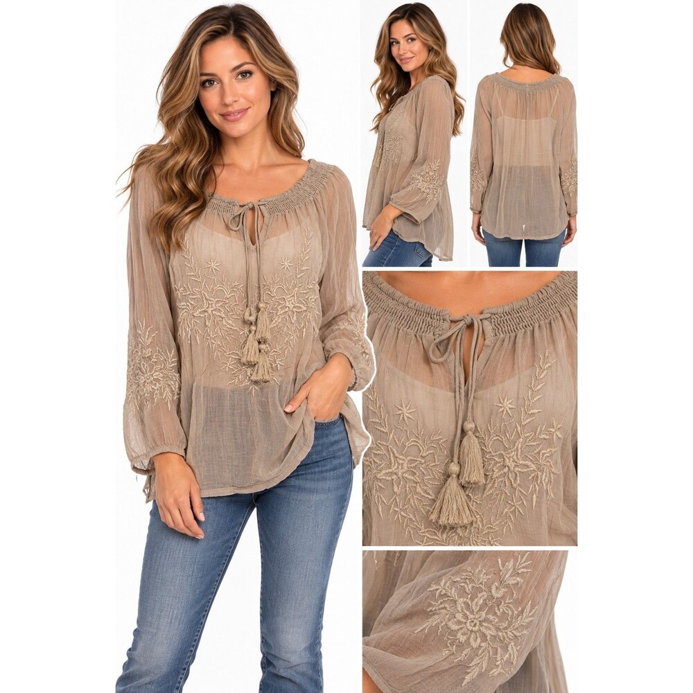 Sweet Magnolia Womens Top Size XL Tunic Embroidered Beige Sheer